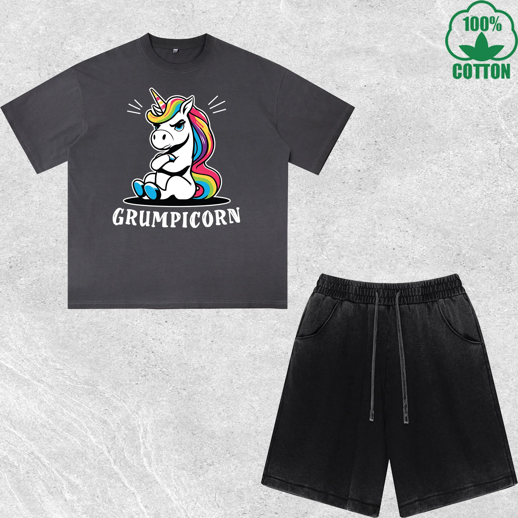 

Grumpicorn Printed Dirty Wash T-Shirt Shorts Set Multicolor Combo Loose Trendy Fashionable 100%Cotton