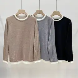 Women's Contrast Color T-Shirt O-Neck Long Sleeve Casual Autumn 2024 Knitted Pullover