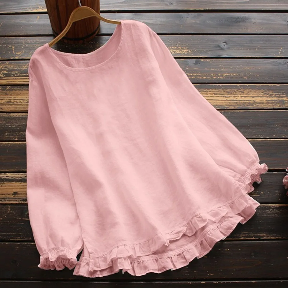 Women New Cotton Linen Blouse Round Neck Loose Long Sleeve Shirt Ruffle Cuff And Hem Casual Breathable Ladies Tops