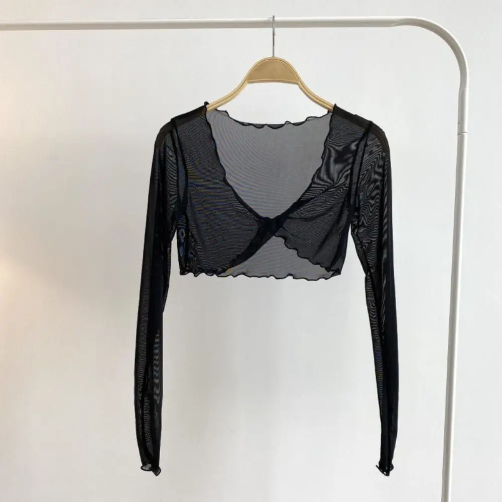 Fashion Ruffle Mesh Knot Cardigan Long Sleeve See Through Transparent Cardigan Korean Beach Wear Sun Protection Tops Women