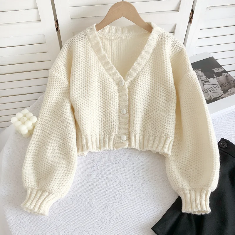 Retro Lazy V-neck Long-sleeved Knitted Cardigan Autumn Winter Breasted Sweater Jacket Solid Color Short Sweater Women Cardigans