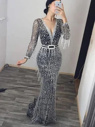 Luxury Grey Tassel Sequins Women Evening Dresses Sexy Deep V Neck Banquet Cocktail Dress Elegant Sash Belt Loop Lady Party Dress