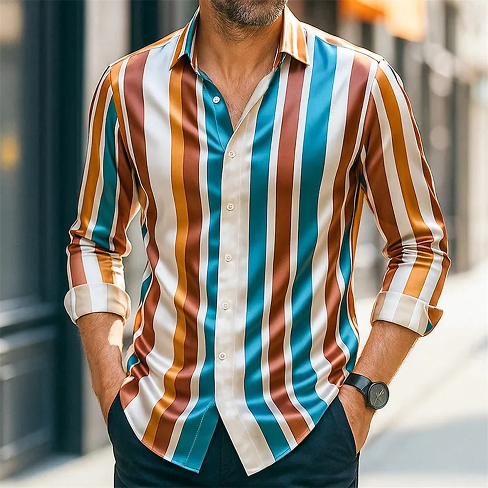 Men's new striped contrasting shirt, long-sleeved lapel, single-breasted spring and autumn business casual classic clothing men'