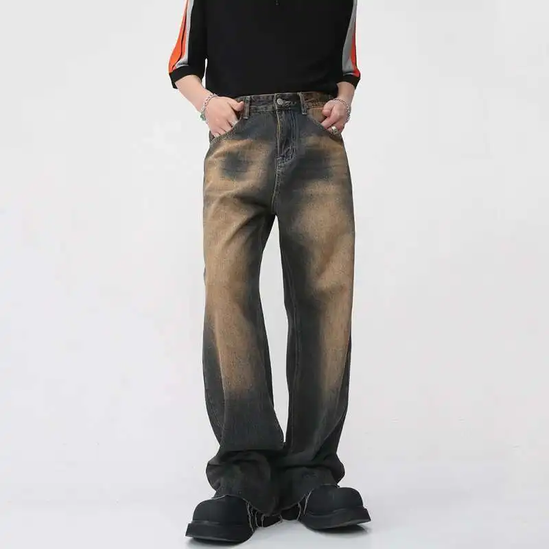 Celana Jeans Pria Vintage Baru Model Lurus Warna Gradasi Denim Usang Gaya Streetwear Celana Panjang Pria Kaki Lebar Sederhana Musim Semi