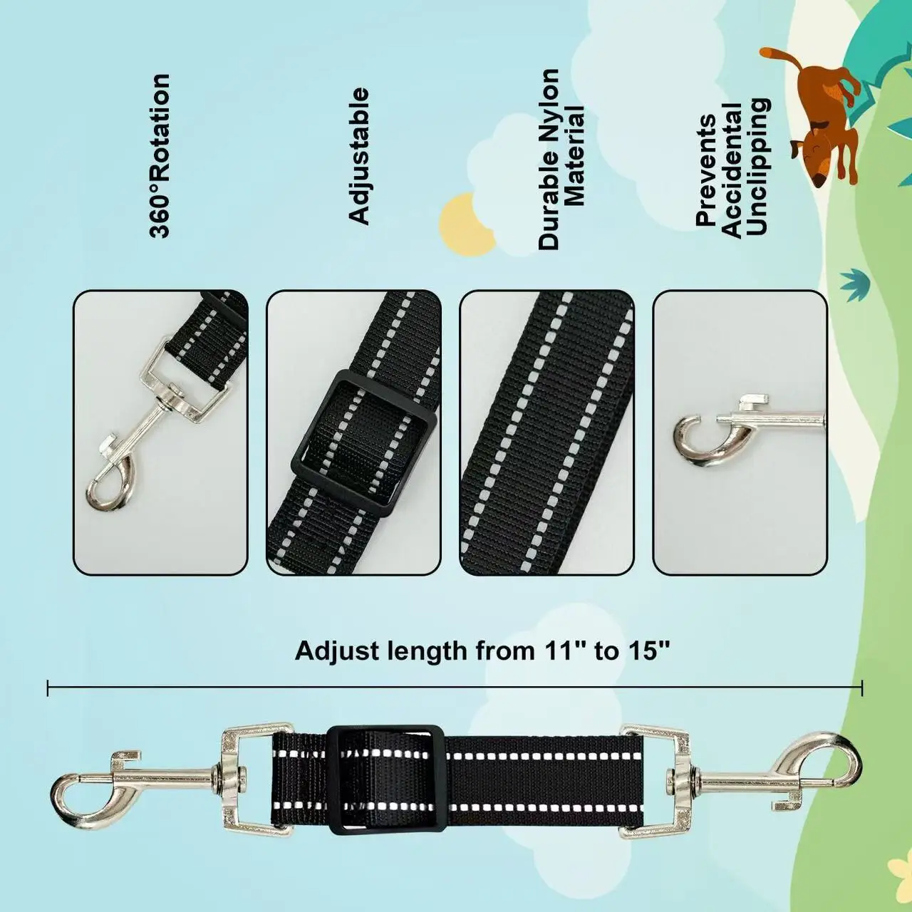 Reflektierender Sicherheitshalsband-Clip für Hunde – robuste Leinebefestigung aus Polyamid mit 360° ° Drehbar, längenverstellbar, vertikaler Druck – Detail 2