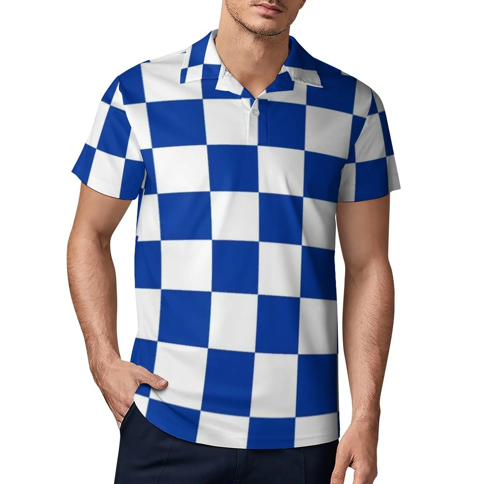 Blue And White Checkerboard Casual Polo Shirts Vintage Checker Print T-Shirts Short-Sleeved Shirt Beach Trending Polo-Shirt Gift