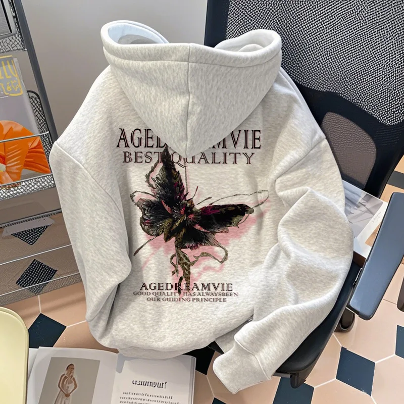 

Женская толстовка оверсайз, осень-зима 2024, новая свободная утолщенная верхняя одежда в корейском стиле на флисовой подкладке, теплая одежда для мужчин