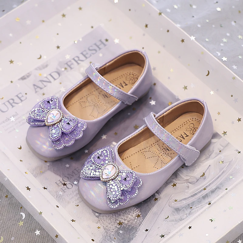 Diamond Bow Round Toe Pink/purple Girls Leather Shoes Autumn Outdoor PU Girls Casual Leather Shoes Size 26-36 Sandalias De Mujer