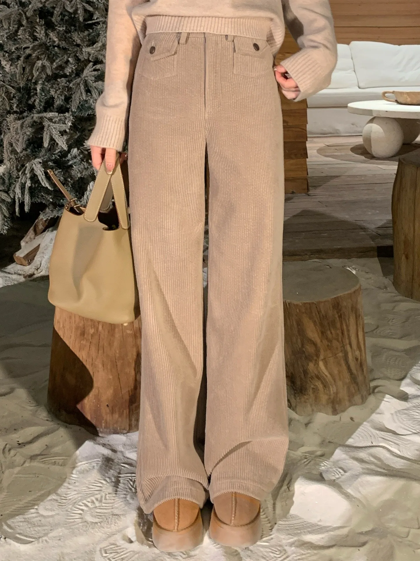 

Warm Winter Corduroy Pants Women's Fce Lined Straight Leg Retro Versatile Spring New Sle High Waist Button Cotton Polyester