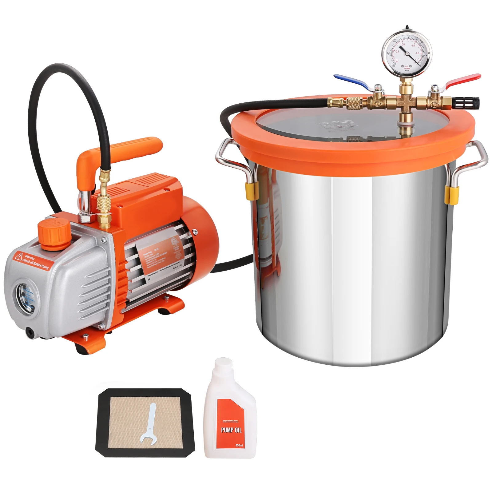 Chambre à vide 3GAL/5GAL et kit de pompe 3,5 CFM Kit de chambre de dégazage sous vide avec couvercle en verre