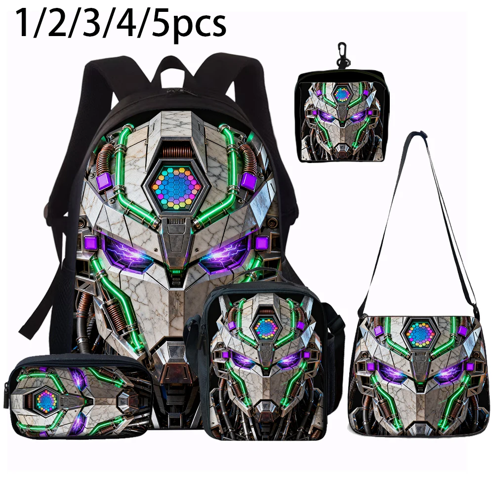 1/2/3/4/5PCS Cartoon Robot Print Backpack Set | Roomy Large-Capacity Backpack | Perfect for Student School & Daily Travel