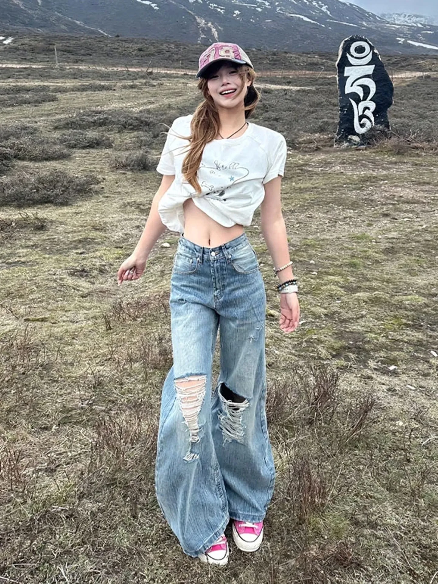 American Style High Street Loose Fit Thin Denim Jeans Women Summer Small Size Pants Wide Leg Long Trousers Tear Detail