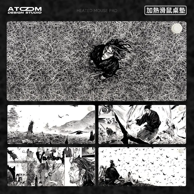 

Аниме самурайский коврик для мыши с подогревом, согревающий настольный коврик, кожаный водонепроницаемый настольный коврик с индивидуальным рисунком для механической клавиатуры, подарок