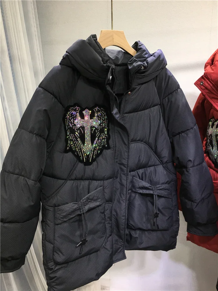 Domineering Wings Hot Drilling Cotton-padded Coat Luxury Autumn Winter Diamonds Wadded Jacket Hooded Loose Long Sleeve Parkas