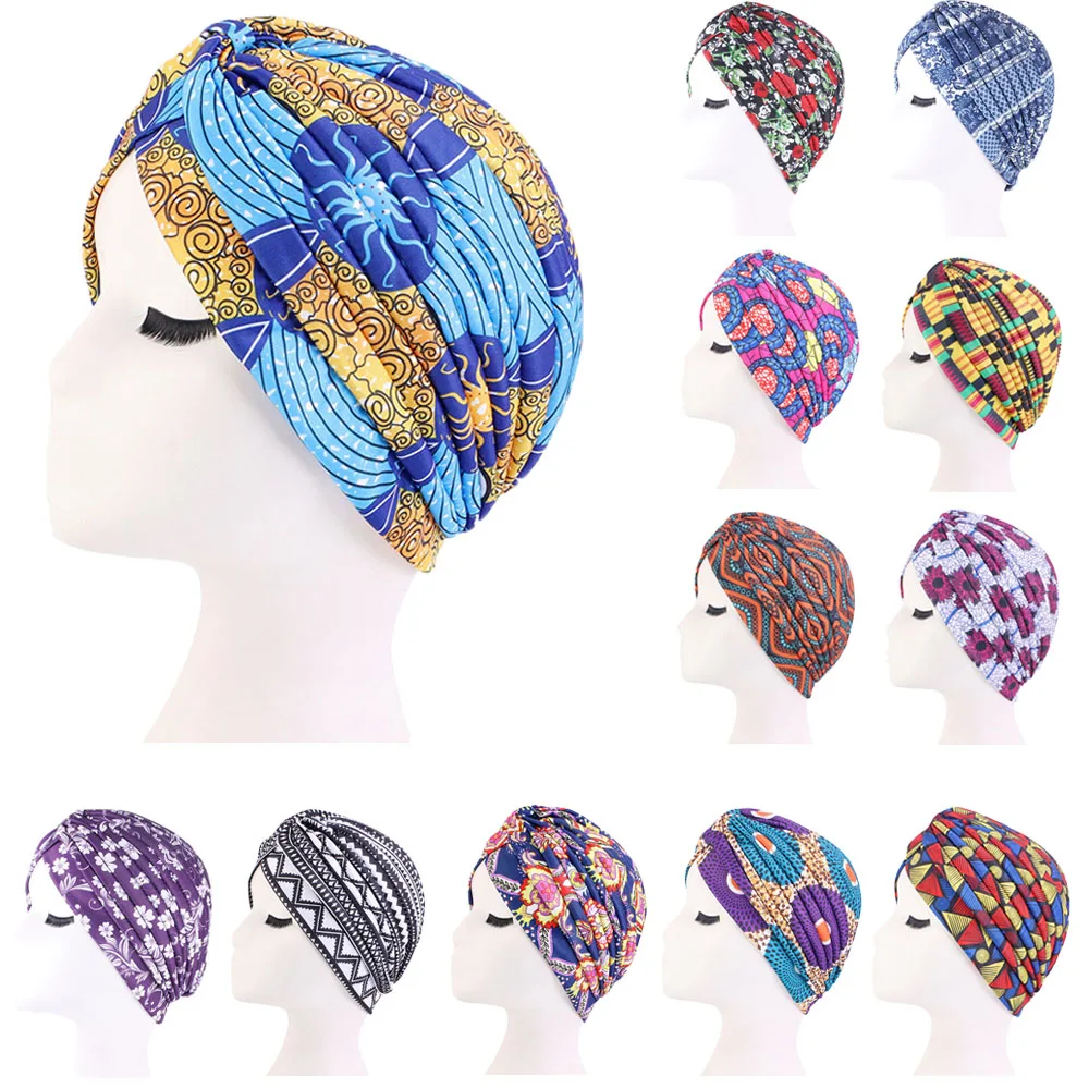 

Indian Turban Print Beanies Women Muslim Pleated Inner Hijab Hat Cancer Chemo Cap Hair Loss Headscarf Headwear Turbante Mujer