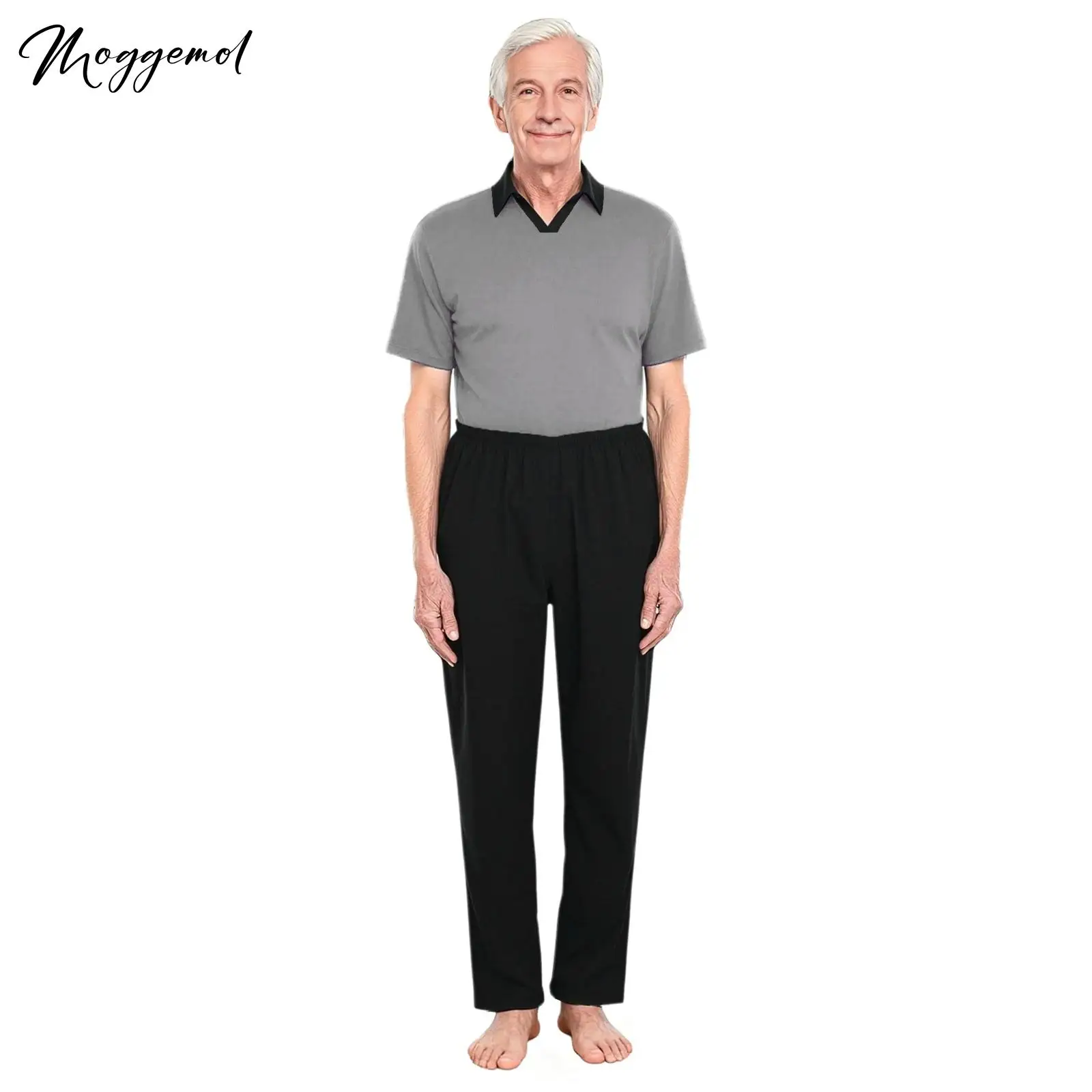 Mens Anti-Strip Adaptive Jumpsuit Lapel Short Sleeve Back Zip-up Pants Legs One-piece Rompers for Alzheimer's And Dementia