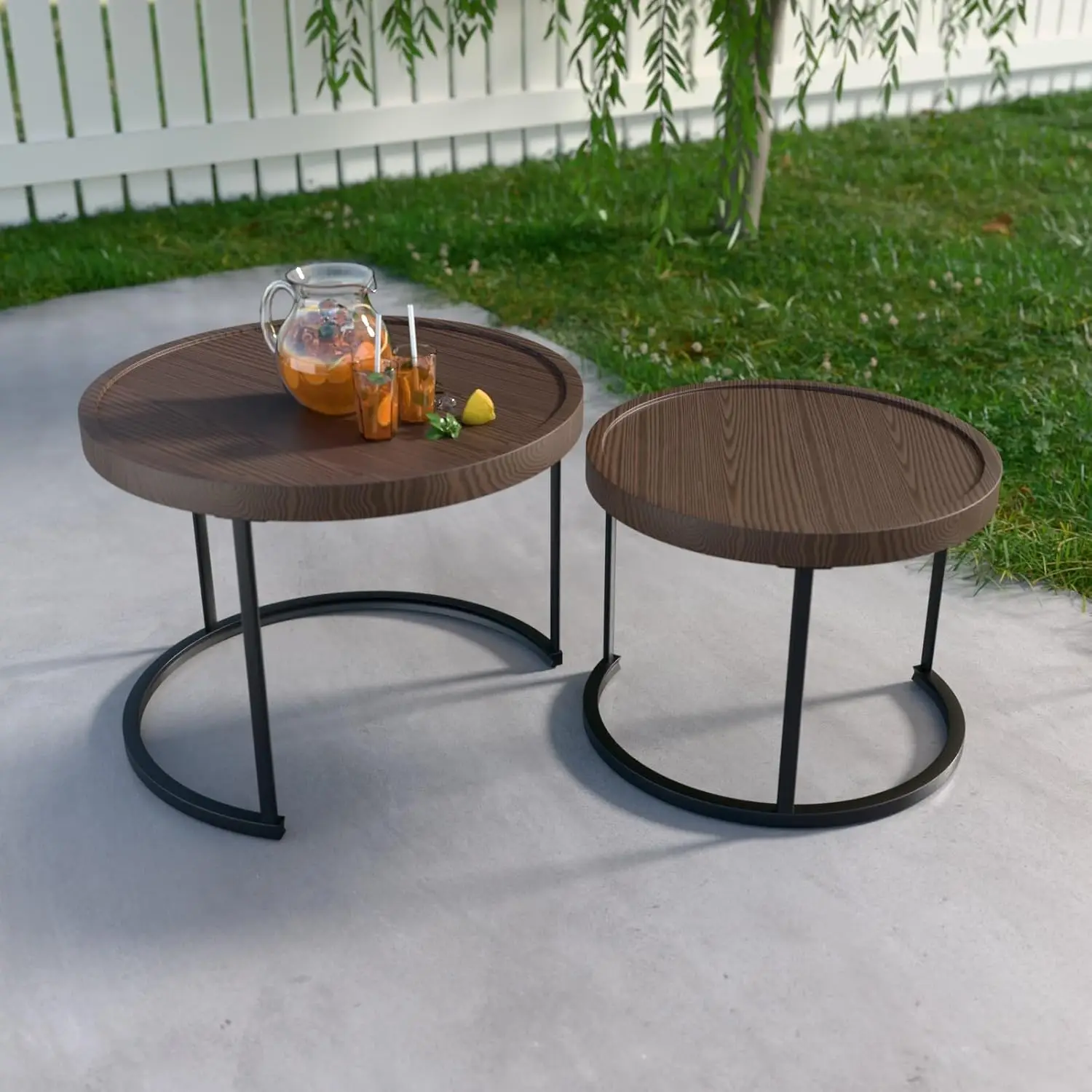 Sand Dune Modern Nesting Coffee Table Set Of 2, Round Patio Wood Side Table, Outdoor Small End Table, Brown