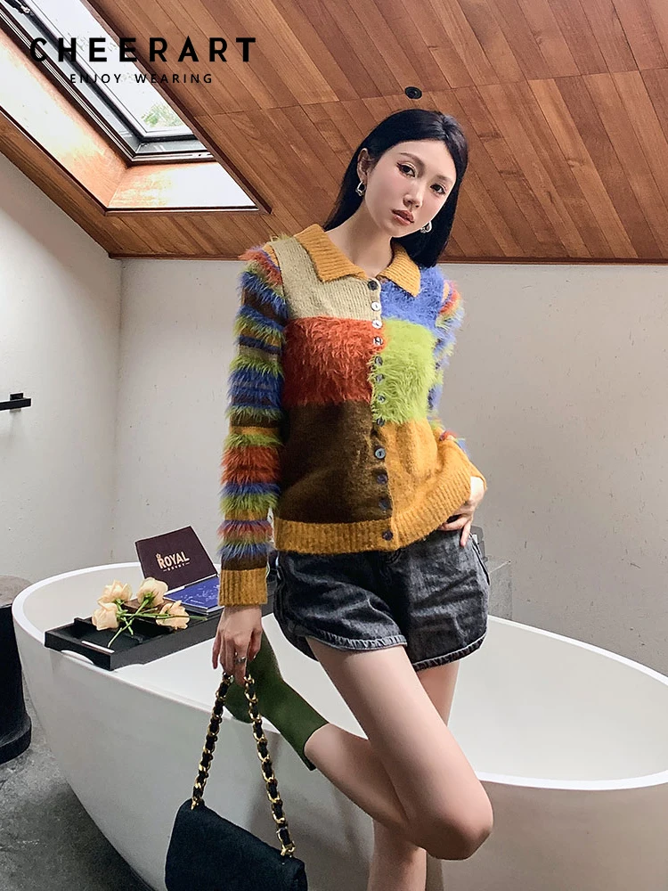 CHEERART Designer Colorful Sweater Cardigans For Woman Button Up Fur New In Knitwears Spring Clothes Women 2023