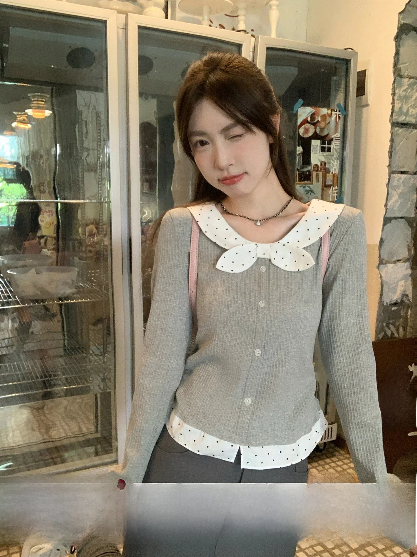 

Корейская женская футболка Morning Bloom с длинным рукавом, базовый слой, с узлами, осенняя, маленький размер, женская одежда