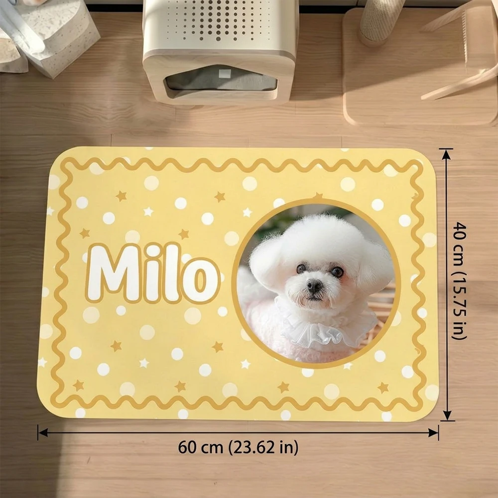 Personalized Pet Food Mat,Custom Pet Portrait & Name,Spill‑Proof,Mess Containment,Cute Yellow Polka Dot Style,Pet Keepsake Gift
