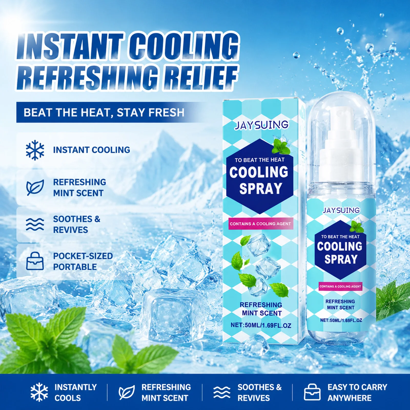 Cooling Spray Instant Cooling Spray Outdoor Mint Scent Summer Heat Relief Refreshing Skin Soothing Portable Body Cool Mist