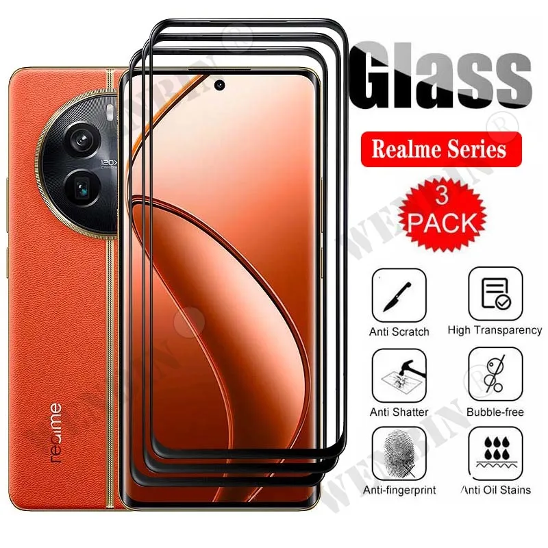 

3 Pcs Tempered Glass For Realme 12 11 10 9 Pro Plus C67 C55 C53 C51 C31 GT Neo 3 2T Pro Curved Full Cover Screen Protector