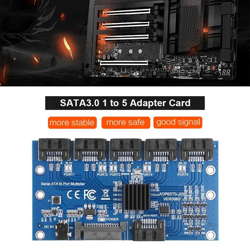 

SATA Expansion Card 1 to 5 Port SATA Adapter Multiplier Card SATA3.0 6Gbps PC SATA Expansion Riser 102x55x8mm