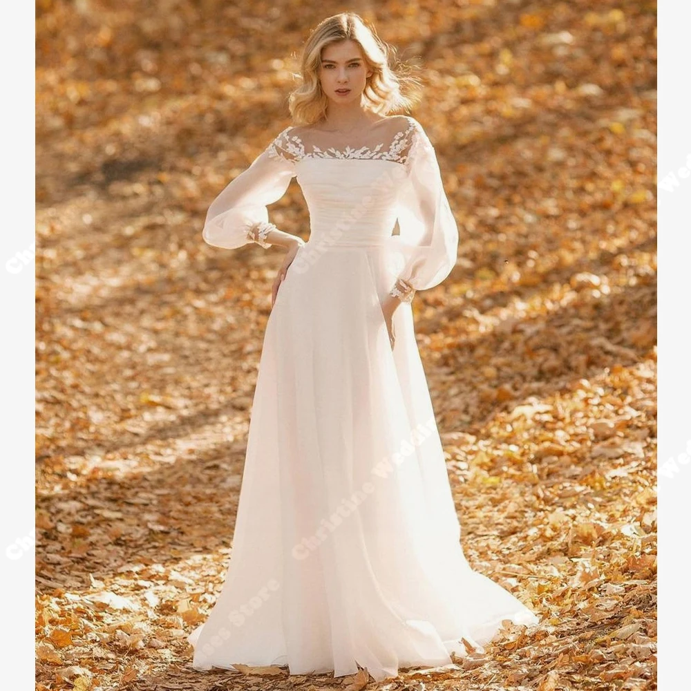 Simplicity Lace Floral Print Women Wedding Dresses Sweet Chiffon Long Sleeves A-Line Gowns Solid Bride Vestidos De Novias 2024