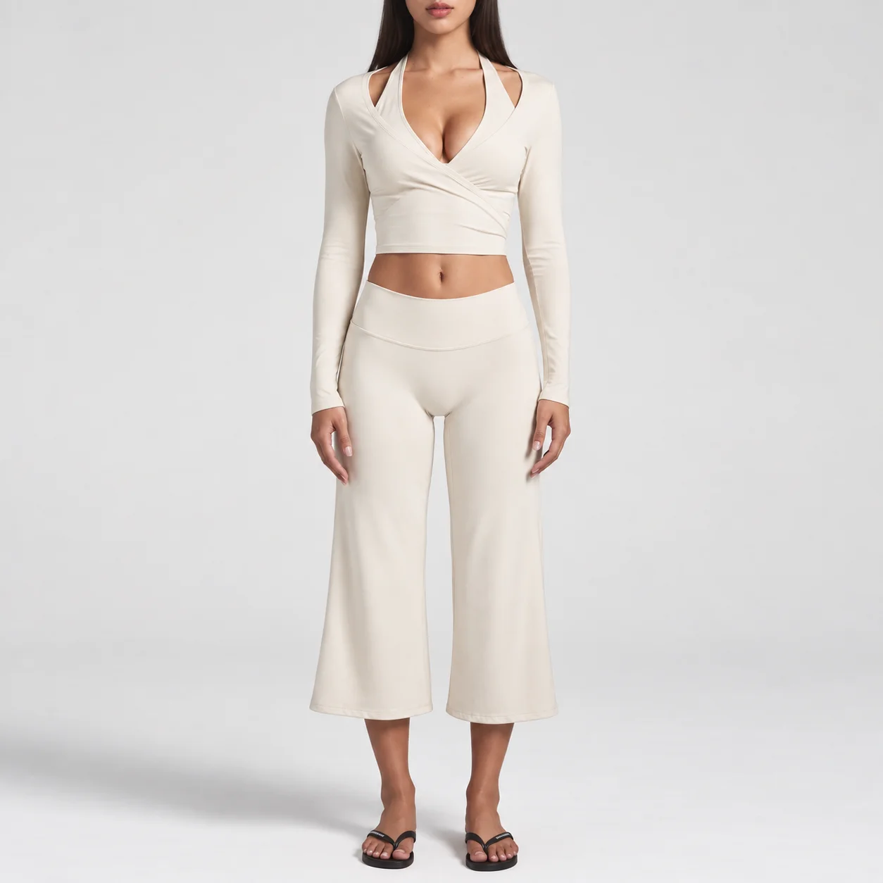 2 Piece Set Long Sleeve Wrap Tie Crop Top High Waist Wide Leg Capri Pants Ballet Core Yoga Set Gym Fitness Workout Activewear