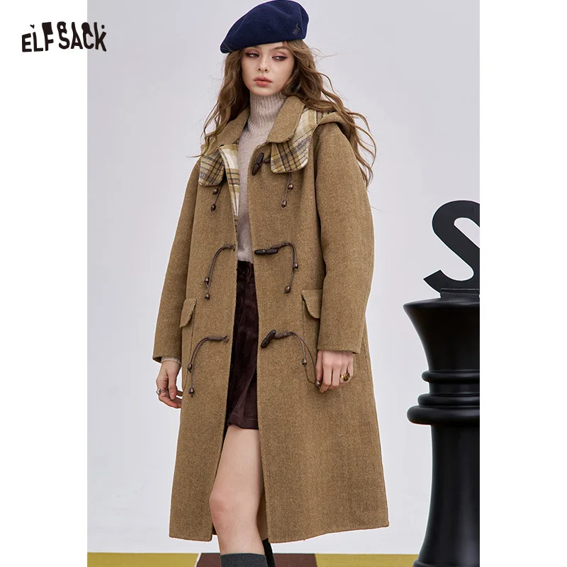 ELFSACK 2025 Winter New Arrivals Casual Loose Striped Lining Toggle Wool Blend Coat For Woman