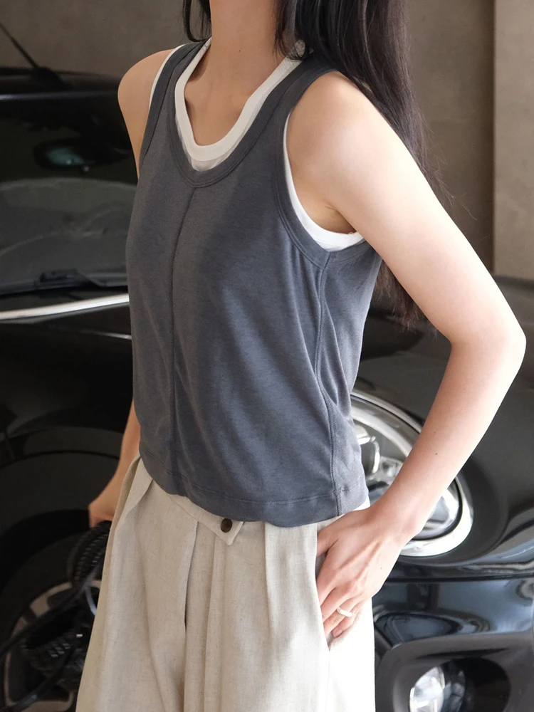 [EAM] Women Gray Double Layers Casual  Tank Tops New Round Neck Sleeveless Personality Fashion Tide Spring Summer 2024 1DH5432