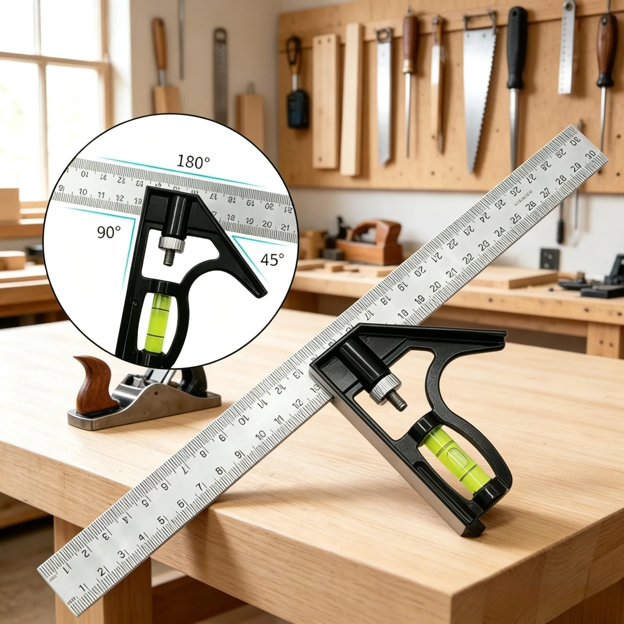 300mm Movable Combination Square with Level, Stainless Steel 45/90° Angle Finder, Woodworking Carpenter Measuring Marking Tool