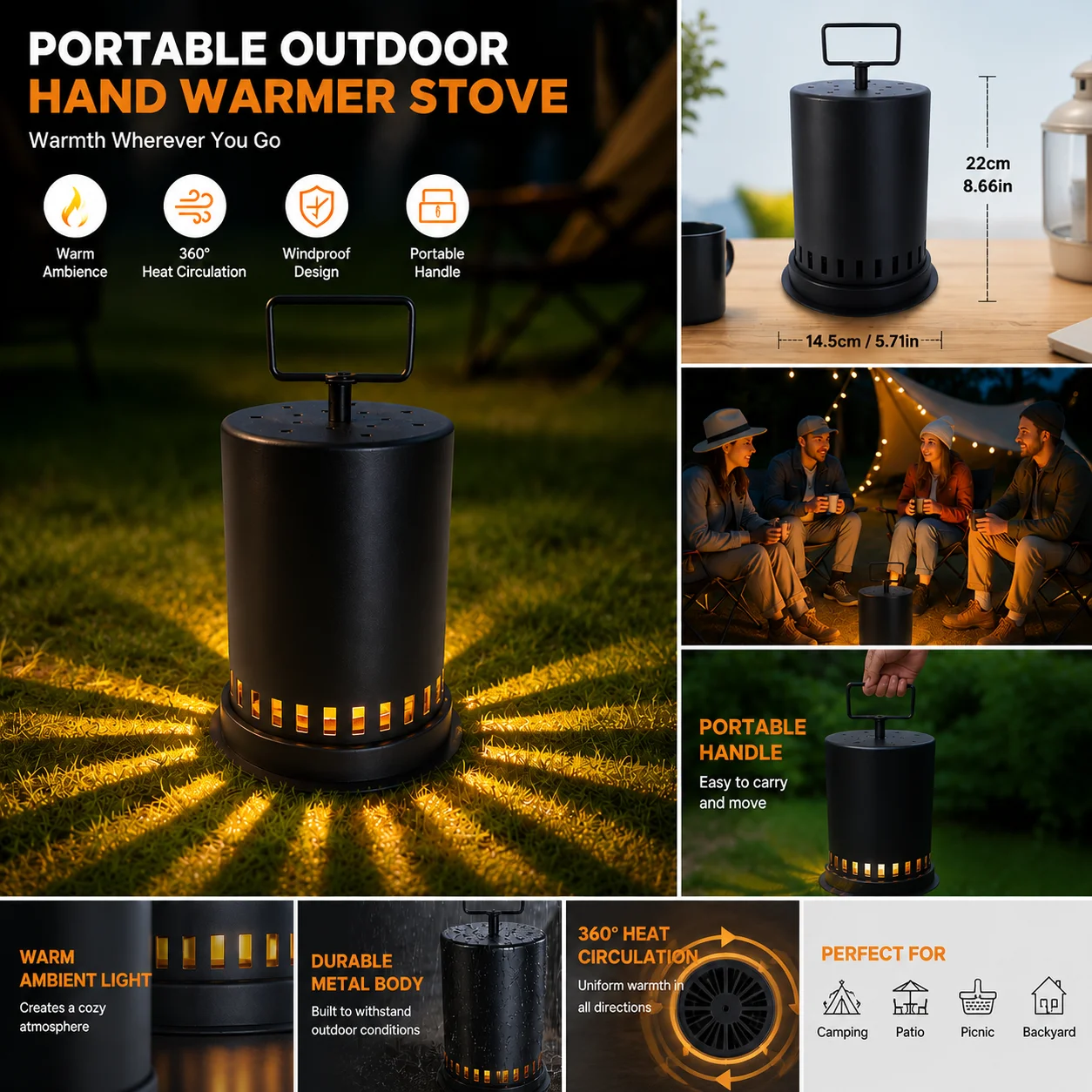 Portable Candle Heater Lantern, Outdoor Candle Warmer Lamp with Metal Cover and Handle, No Electricity Required Warm Glow Decor for Camping, Patio, Garden, Balcony, Tabletop and Cozy Nights