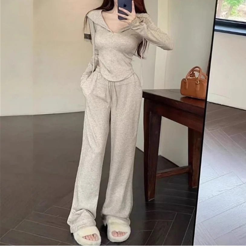 Pant Set Women Two Piece Sets Hooded Zipper Full Sleeve Tops Wide Leg Long Pants Elastic Waist Y2k Streetwear Elegant 2026