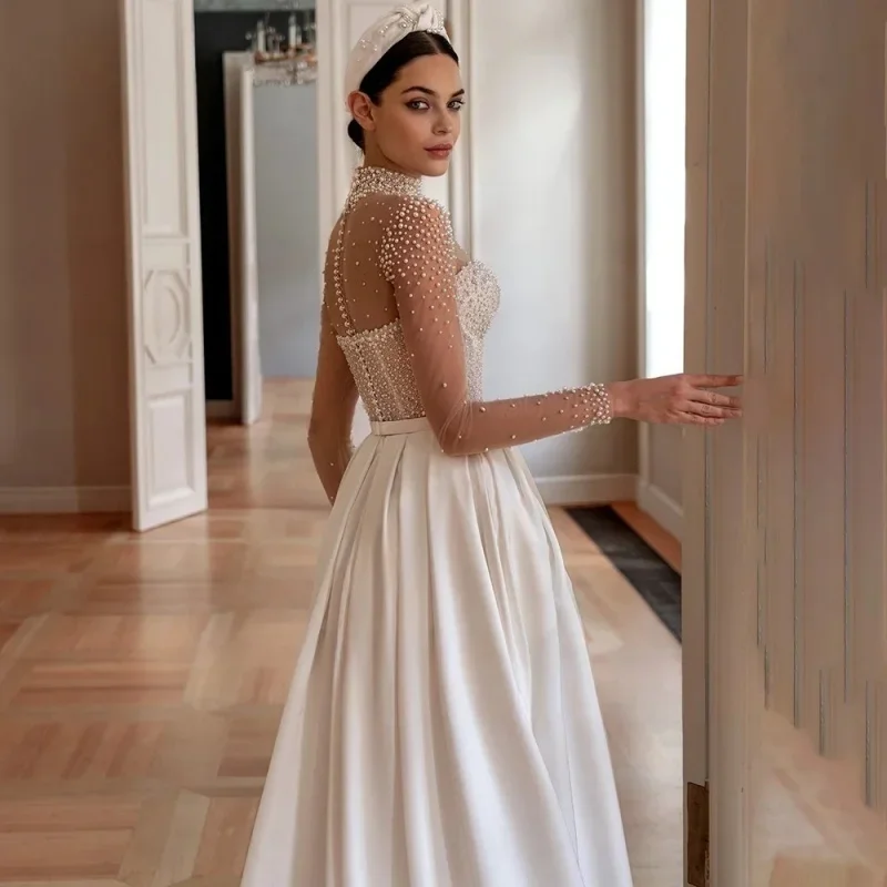 Customized Luxurious Pearls Wedding Dress High Collar Long Sleeve A-line Bridal Gown Sweetheart Princess Ball Bride Dress
