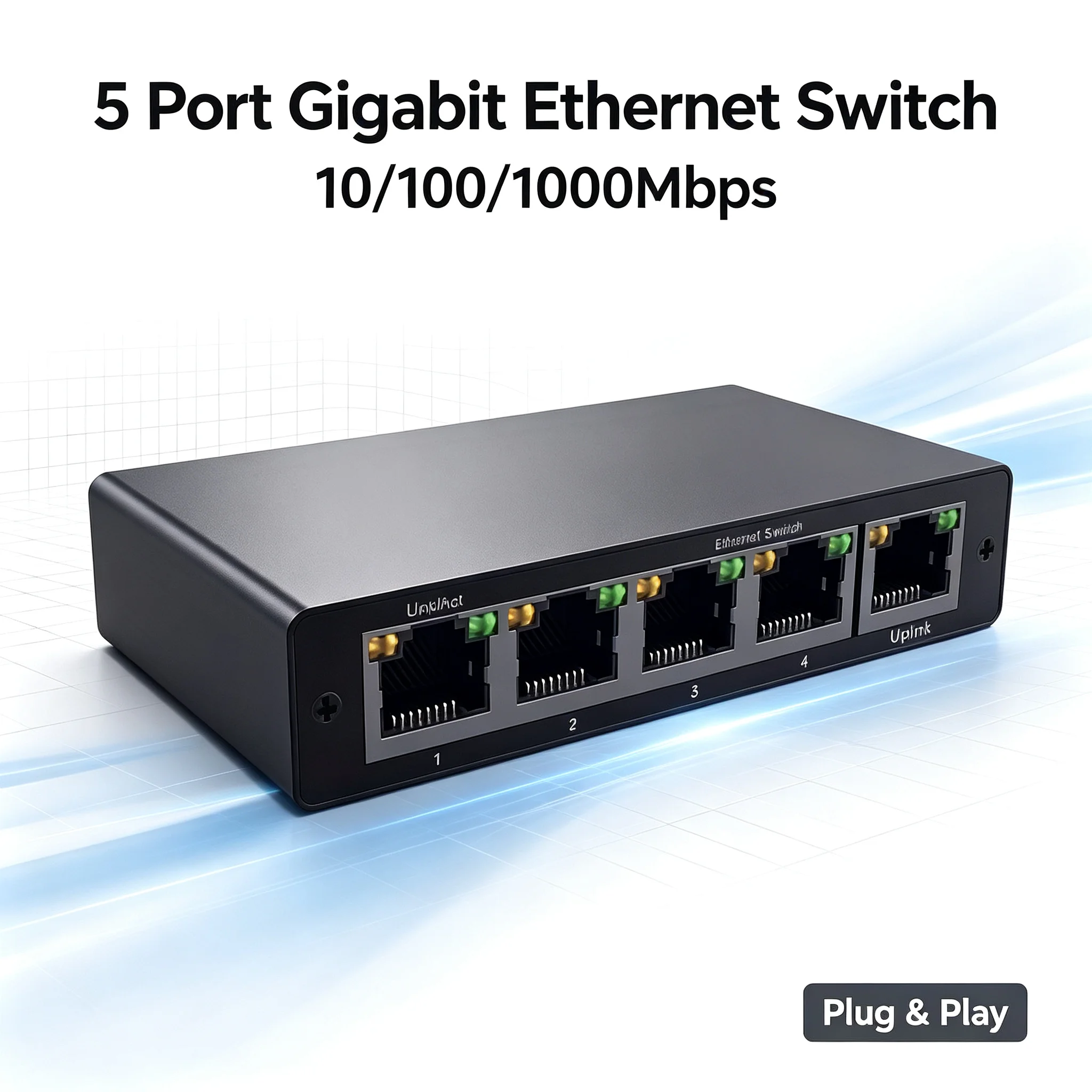 5 Port Gigabit Ethernet Switch 10/100/1000Mbps Metal Housing 1 Uplink 4 LAN USB-C Powered for Home Office Gaming