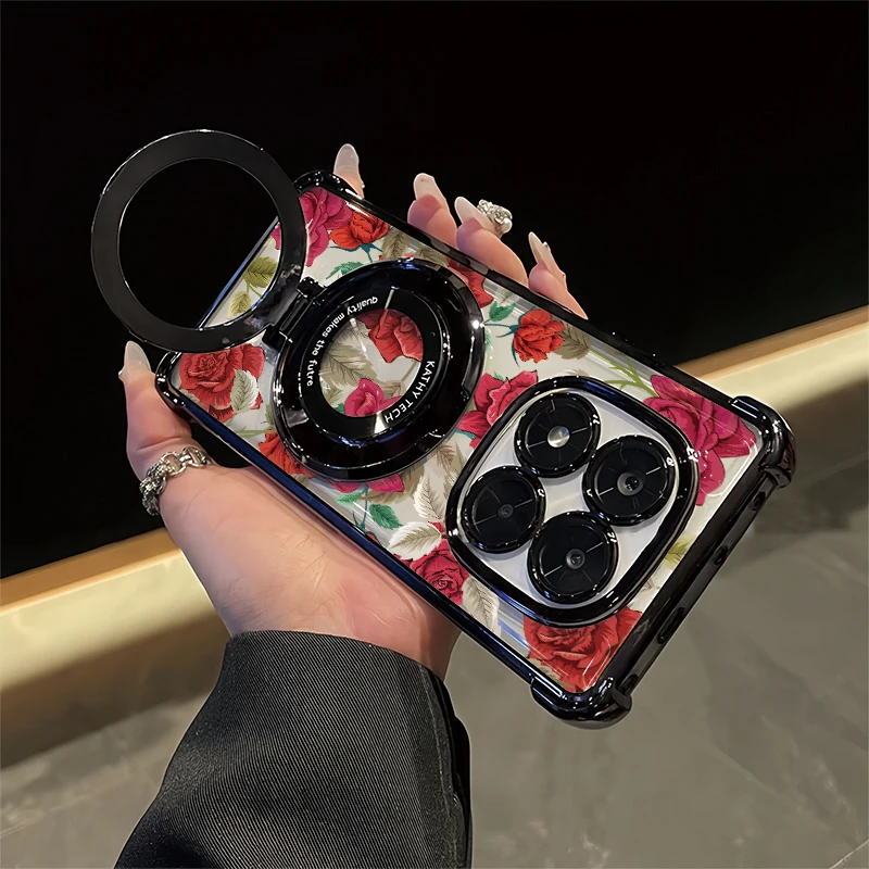 Shockproof Bracket Phone Case For OPPO Reamle C85 Pro C65 4G C71 C75 C55 C53 Silicone Soft Plating Clear Flower Painting Cover