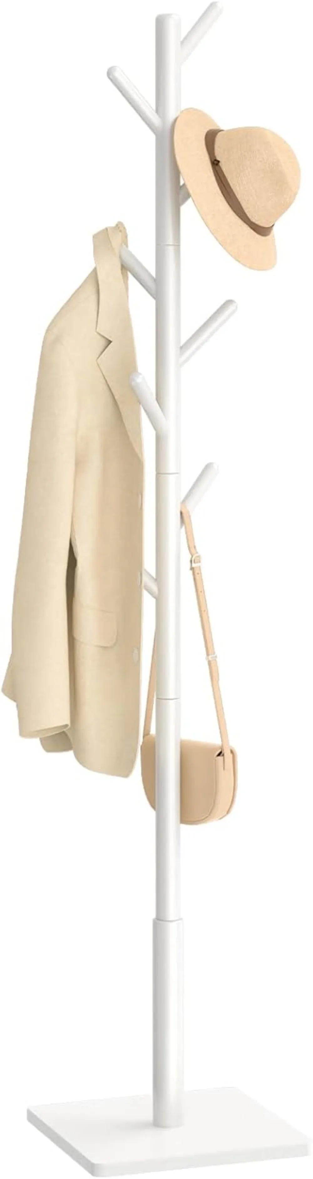 

Прочная деревянная вешалка с 8 крючками, регулируемая высота для дома или офиса, белая отделка