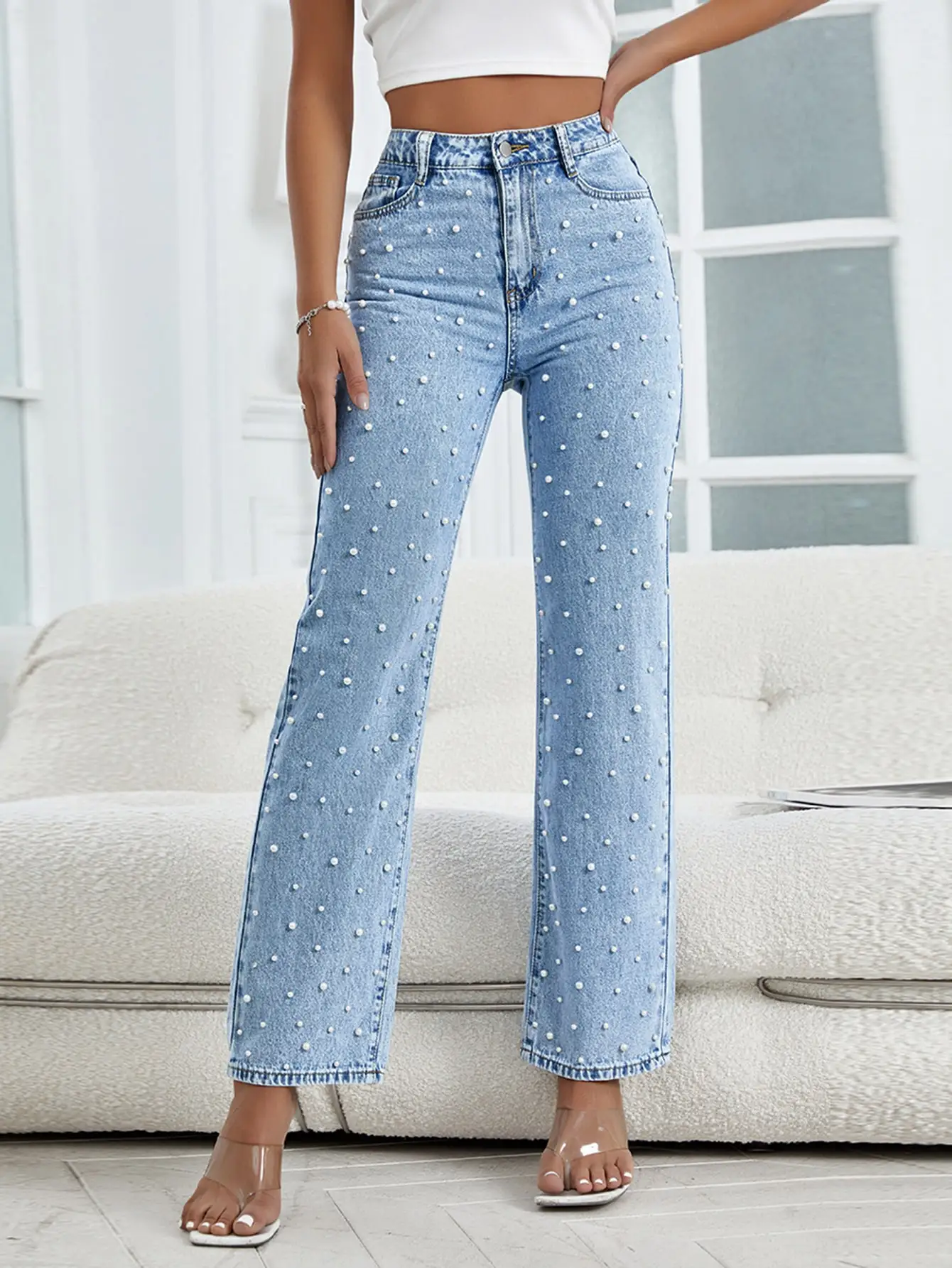 

WGXWGXWomen's HighWaisted WideLeg Jeans Pearl Embellished Cotton Denim with Rhinestone Detail ButtonFront FullLength Trendy 2025