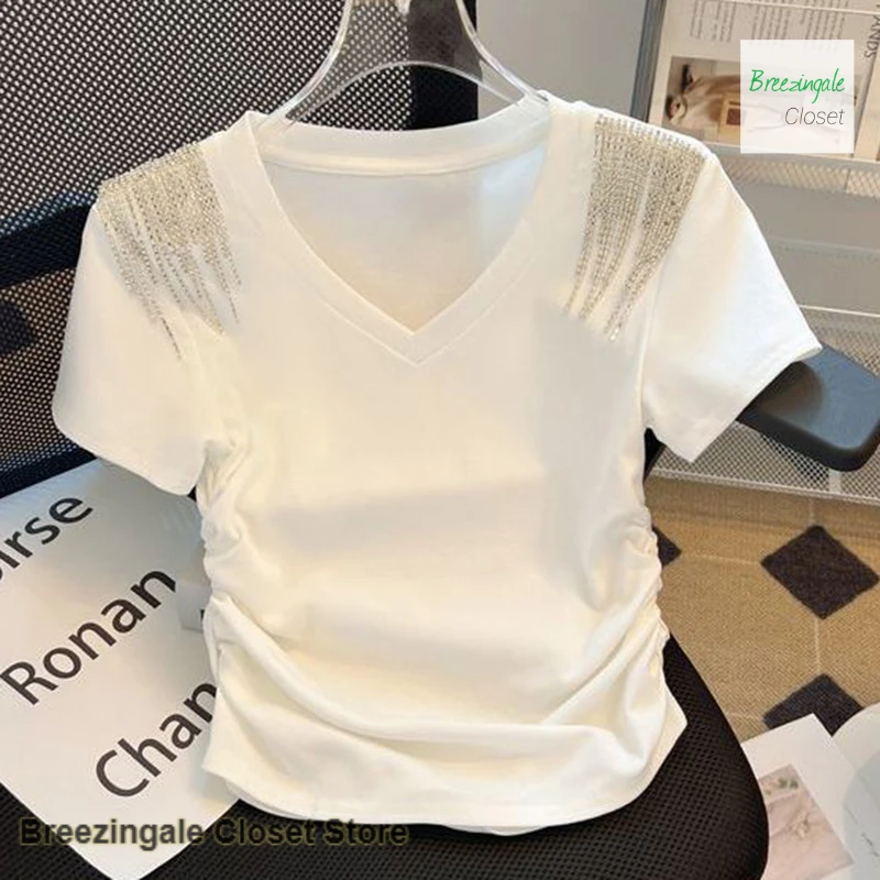 

French heavy industry hot drilling V-neck short sleeve T-shirt women's summer thin short irregular pleated Joker slim casual top