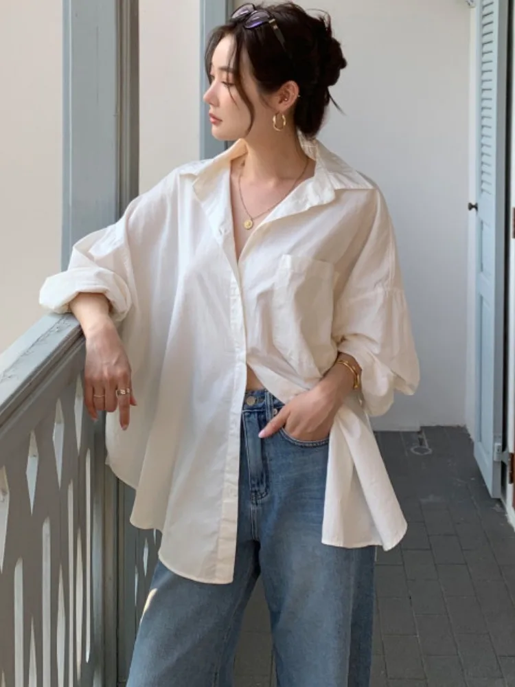 

Casual Chic Long Sve Loose Women's irt Stand Collar Asymmetrical Lazy Sle Single Button Autumn Faion Ladies' Blouse