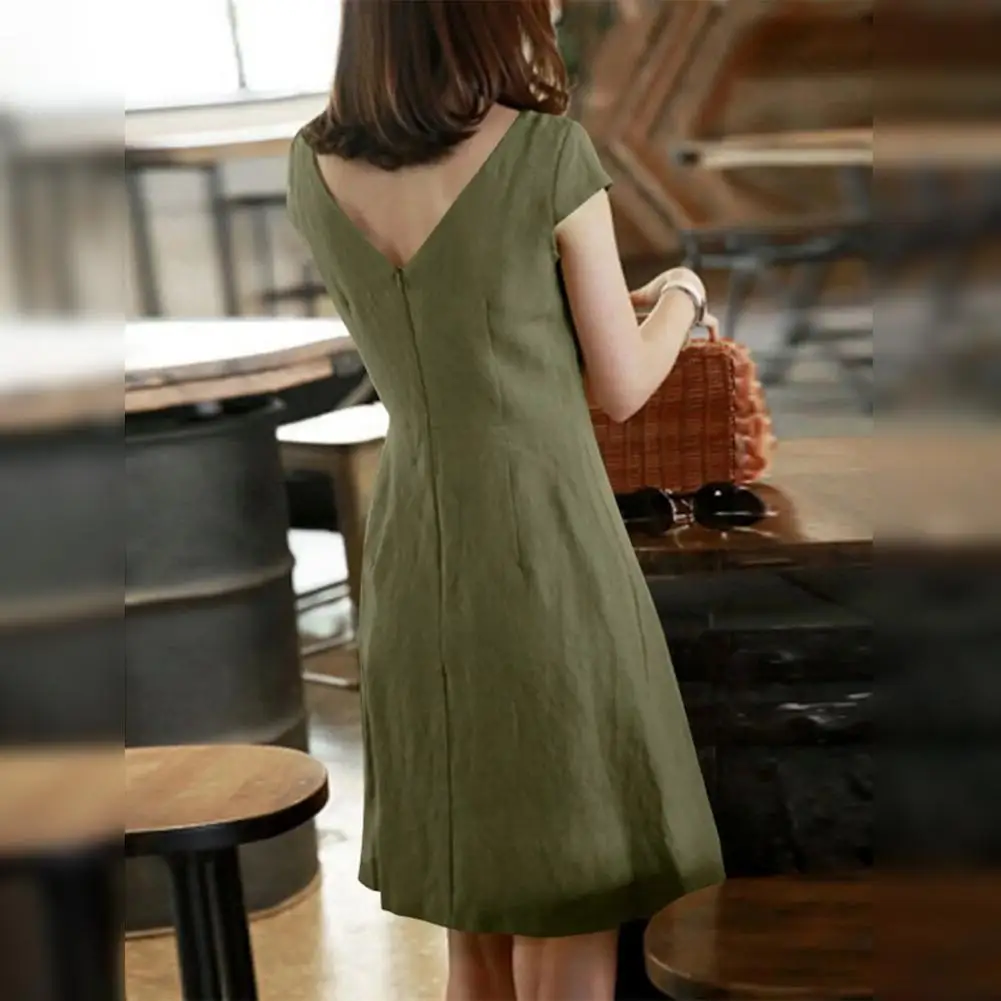 

Women Dress V-neck Back Zipper A-line Mini Dress for Women Short Sleeve Slim Fit Summer Dress with Above Knee Length Commute