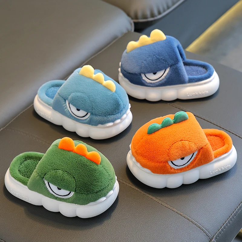 Winter Warm Plush Slippers Children\'s Funny Cartoon Dinosaur Non-slip Soft Sole Kids Baby Boys Girls Indoor Home Cotton Shoes