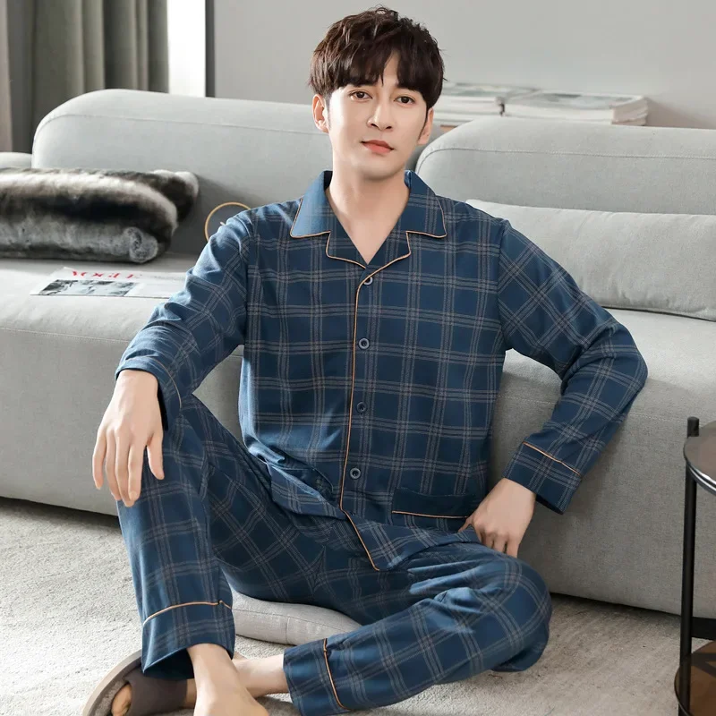 Men Pajamas Set Lounge Sleepwear Plaid Pyjamas Long Sleeve 2023 Spring Autumn Loungewear Male Homewear Home Clothes