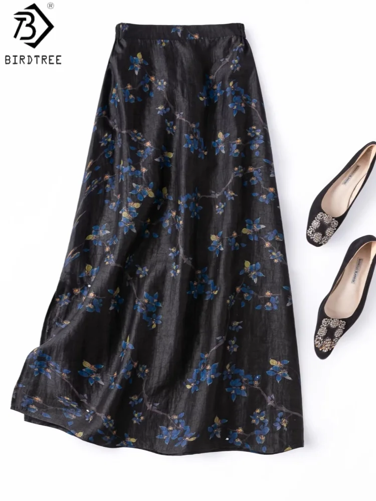 Birdtree, 100% Silk Turtle Pattern Skirt, Side Slit, Women's Gambiered Canton Gauze Skirts, Elastic Waist, 2026 New D64517JF