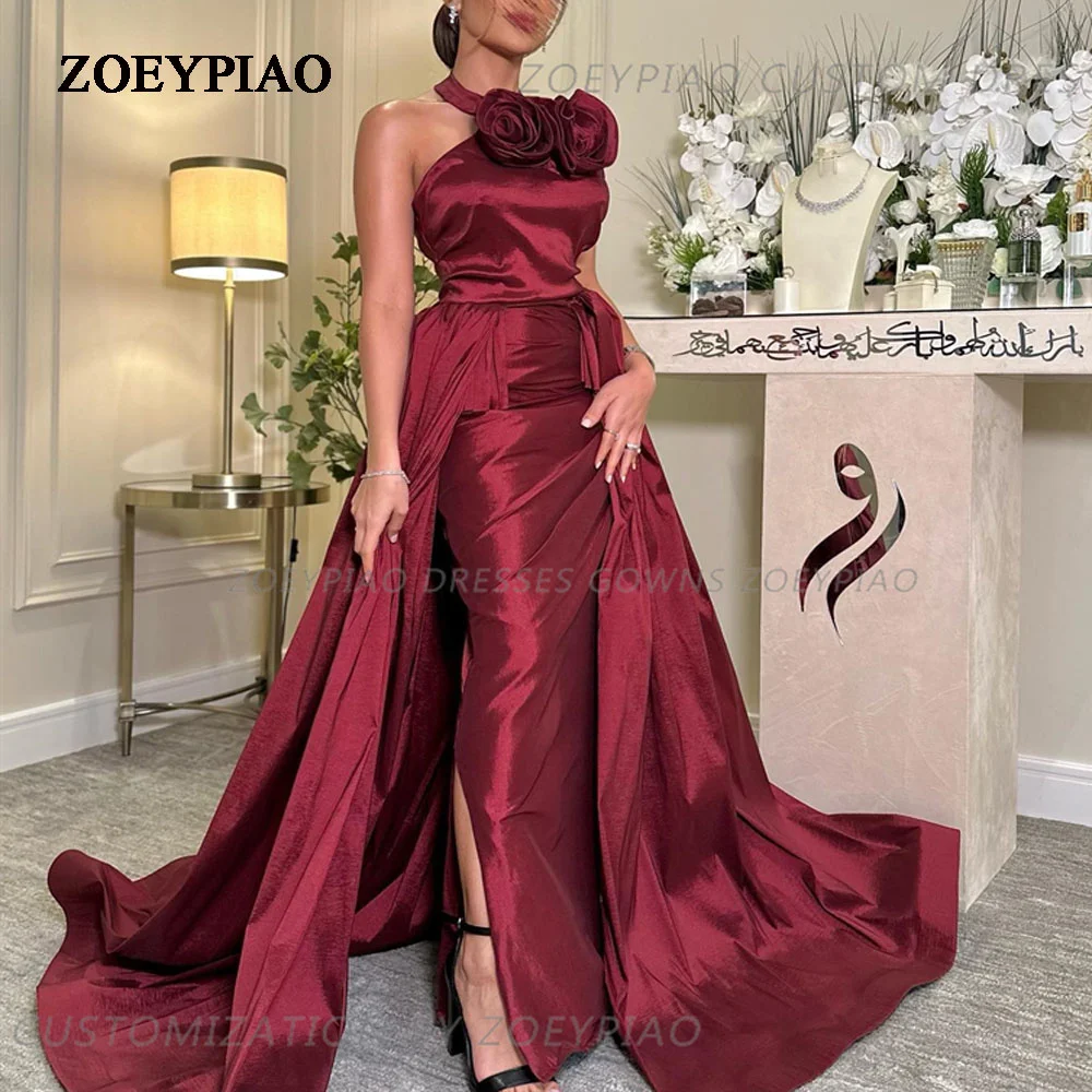 

Elegant Long Satin Flower Prom Dress Sleeveless Long Party Gown Train 2024 Sexy Side Slit Strapless Formal Event Evening Dresses