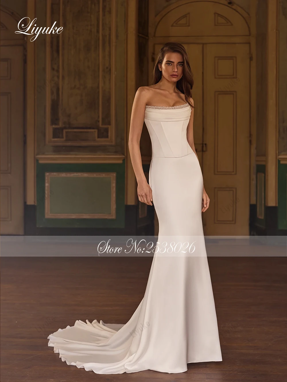 Liyuke Custom Made Simple Satin Mermaid Wedding Dress Beaded Pearls Strapless Pleats Trumpet Bridal Gowns
