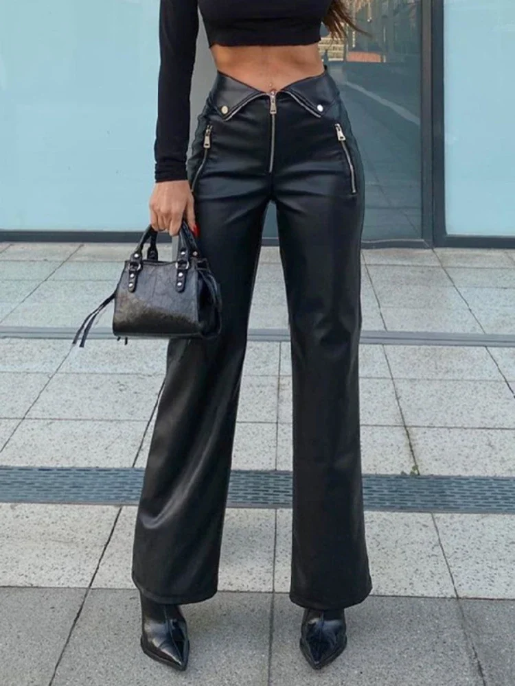 Sexy Pants Leather Trourser Zip Up High Waist Straight Leg Pants Women Slim Bottoms 2024 Y2K  Autumn Spring Chic Black Pant