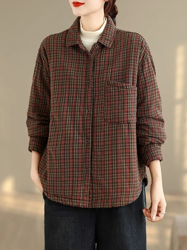 

Ретро-кардиган в клетку из хлопка для женщин, осенне-зимний, утепленный, свободный, повседневный, с отложным воротником, легкий