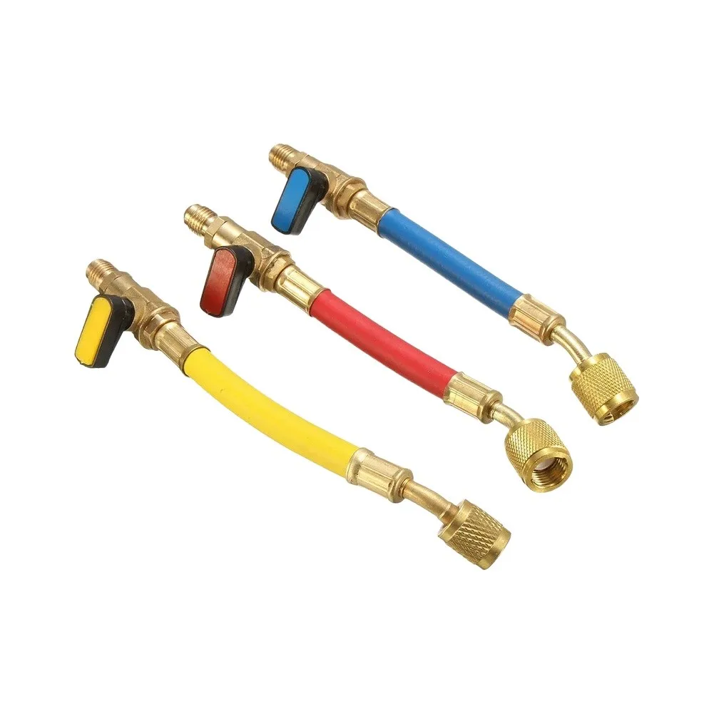 HVAC for service Hoses 3 Piece Set 1/4 inch for sae Ball Valves with Quarter Turn Handle and Tight Seal Rubber Gasket for AC